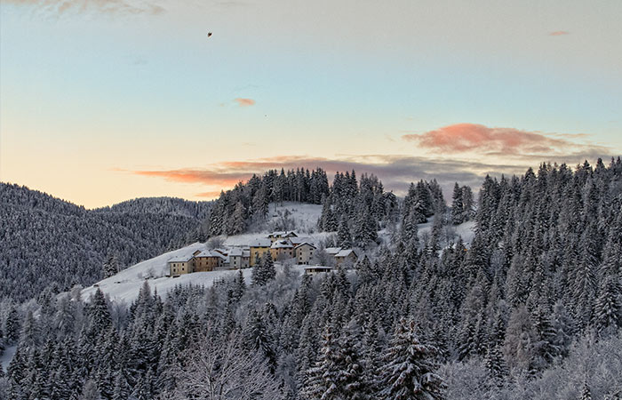 Alpe Cimbra ski area in Italy at sunset in winter
