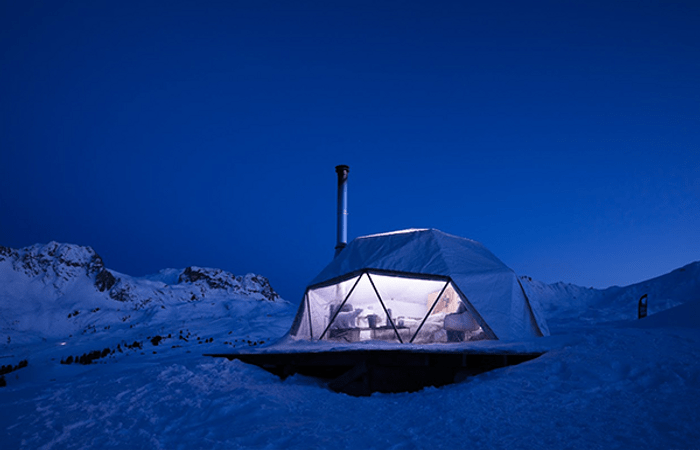 Igloo bar apres ski and nightlife at La Plagne ski resort in France